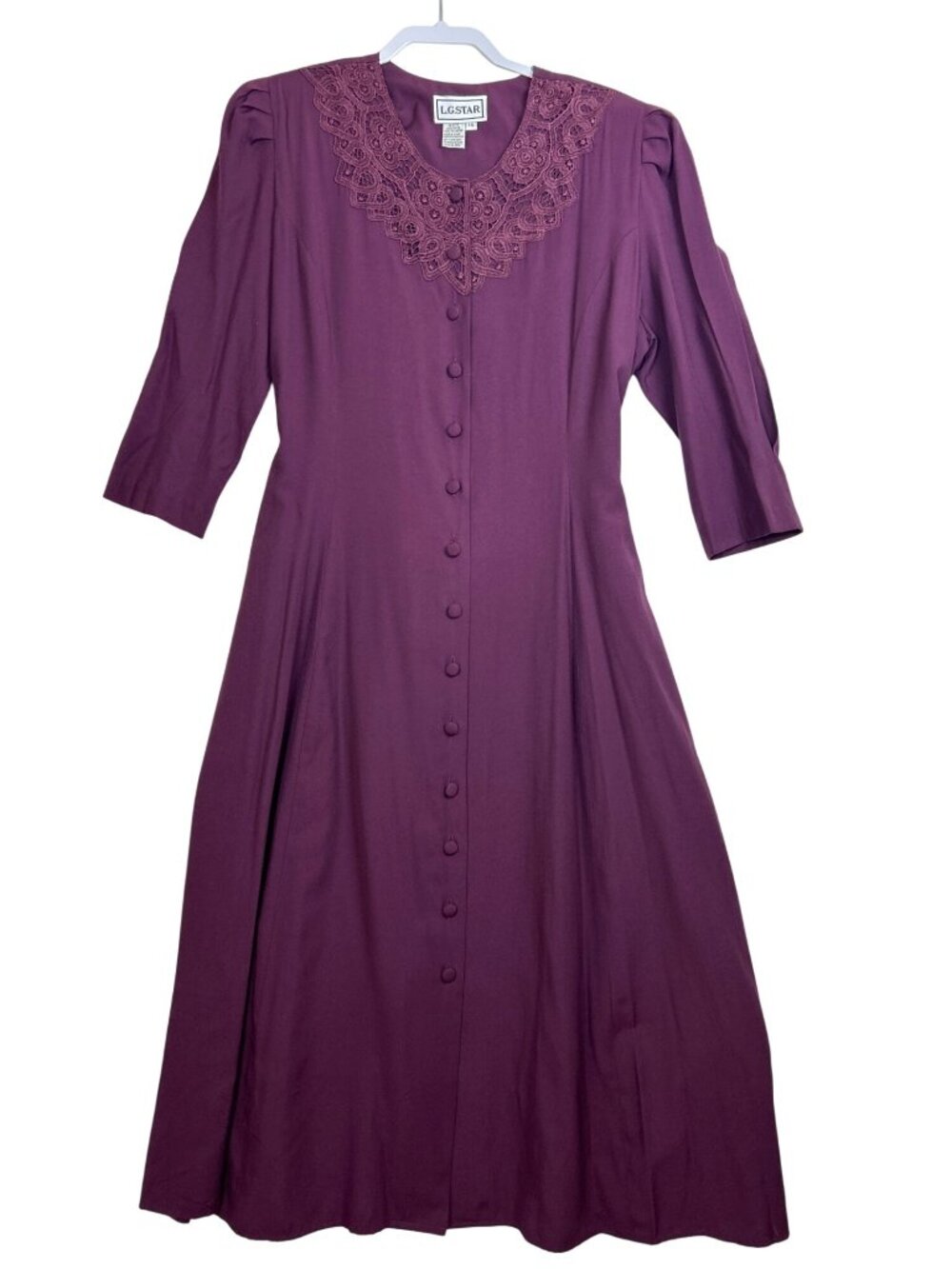 NWT Vtg L.G Star Midi Dress Sz 16 Fit & Flare Button Front Lace Collar Feminine